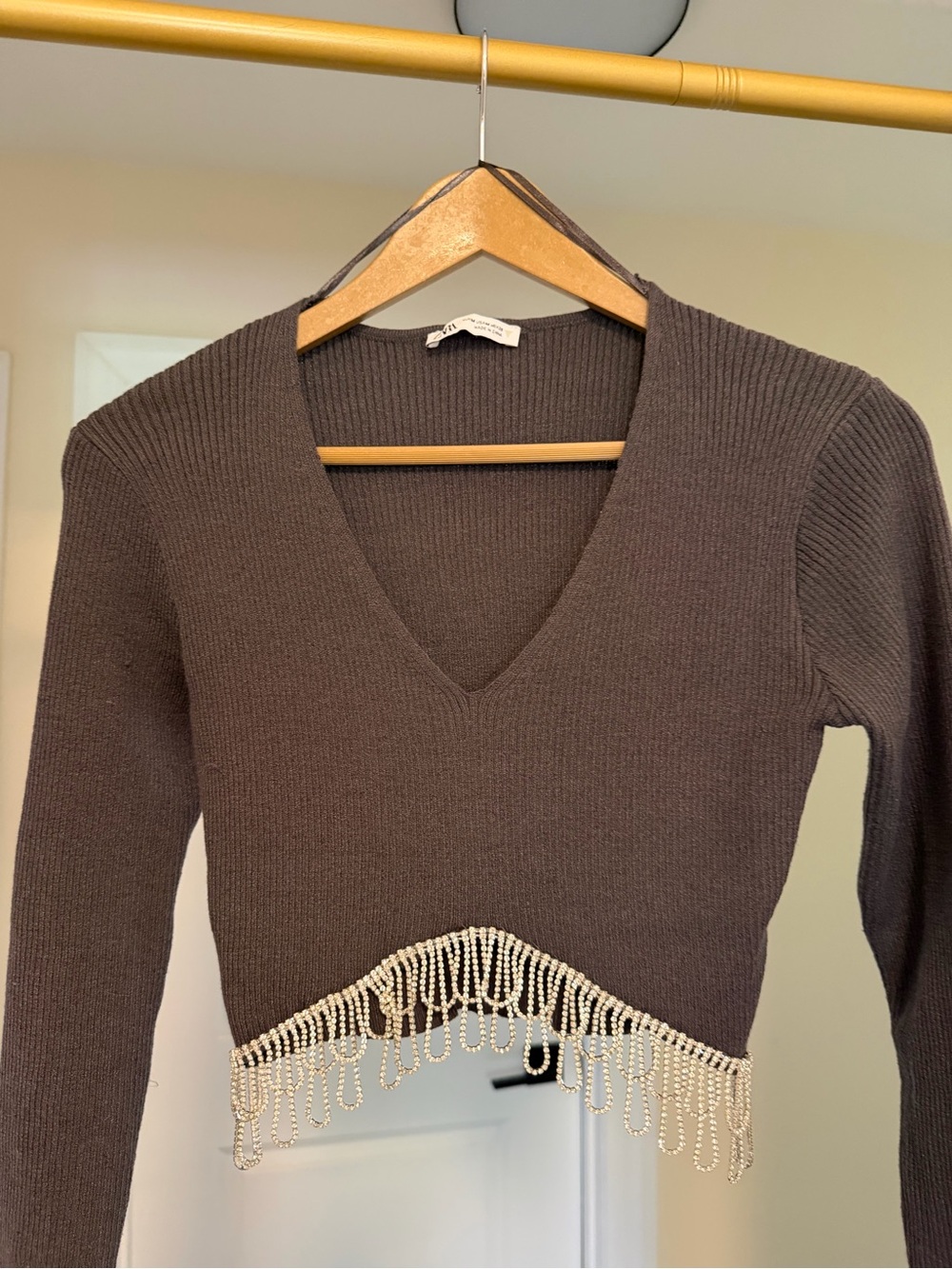 Zara Brown V-Neck Cropped Sweater with Rhinestone Fringe